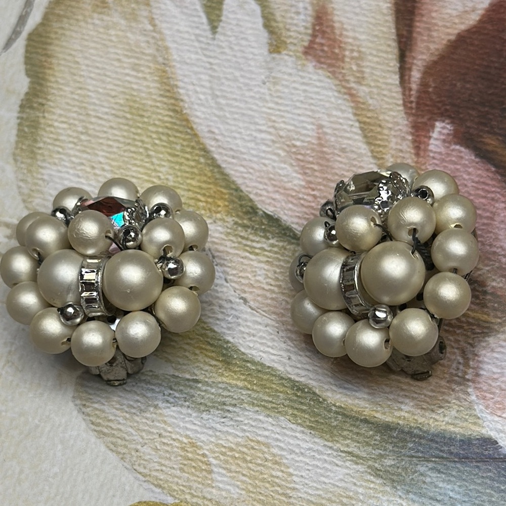 Japan vintage clip back Satin faux Pearl Cluster earrings AB glass beads  1 1/8”